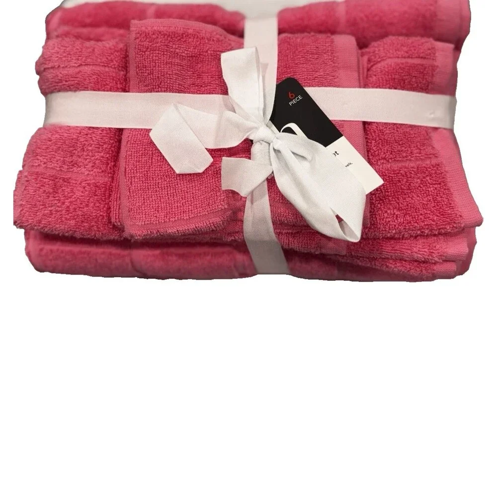 Home Expressions 6 Piece Bath Towel Set 100% Cotton Pink Lemonade NEW